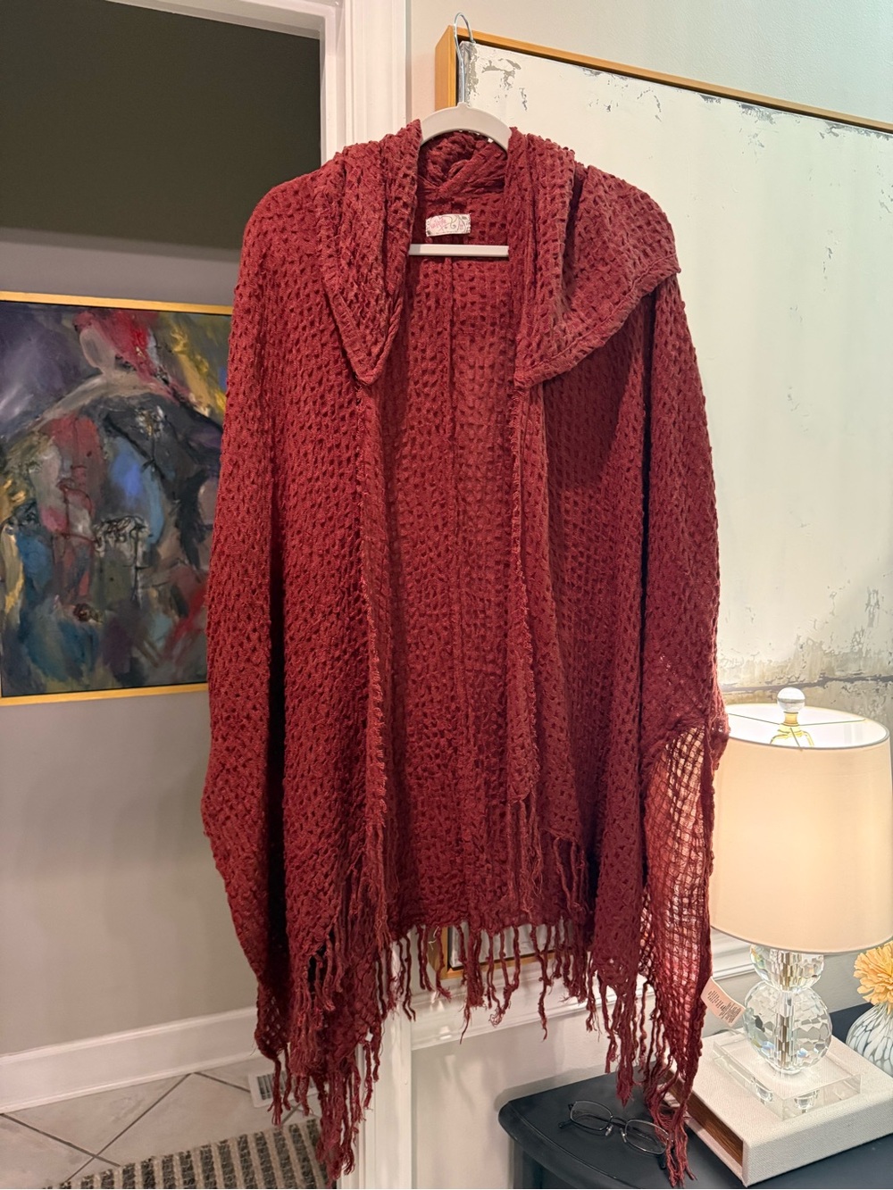 Free People Burgundy Hooded Open Weave Fringe Cardigan Wrap Boho - One Size